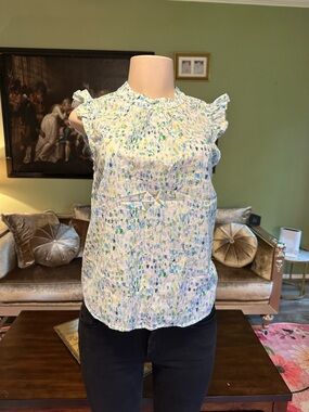THML White Sleeveless Ruffle-Trim Blouse with Blue & Green Print